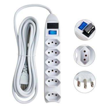Imagem de Extensão Elétrica Régua Padrão Tripolar, 6 Tomadas 10 Amperes, Cabo 3 Metros, Bivolt (110/220v), Com Fusível De Proteção Resistente.