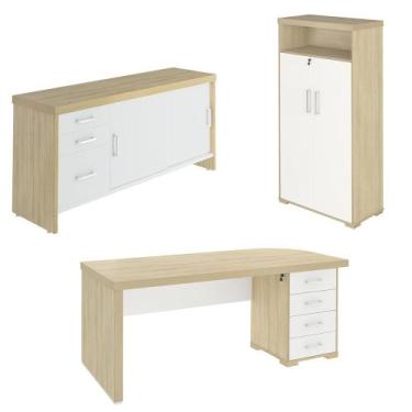Imagem de Conjunto Escritório 3 Peças Mesa Lado Direito Corp A06 Carvalho/Branco