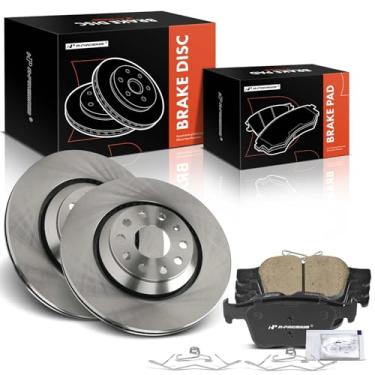Imagem de A-Premium Rotores de freio a disco ventilados traseiros de 12,20 polegadas (309,9 mm) + kit de pastilhas de cerâmica compatível com modelos selecionados Volkswagen e Audi - Golf R, Tiguan, Atlas, A3,