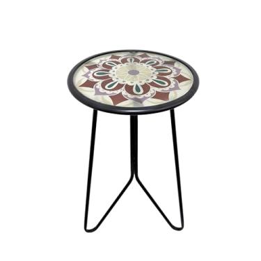 Imagem de LIFFY Mesa lateral de mosaico, mesa lateral pequena de 30,5 cm com tampo de vidro, mesa lateral de pátio resistente ao clima para uso externo, mesa de canto redonda para decoração de casa e mesa de
