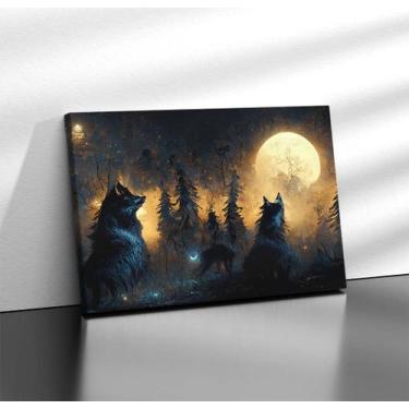 Imagem de Quadro Tecido Canvas Lobo Matilha Noite Floresta Lua Cheia - LindaCasa