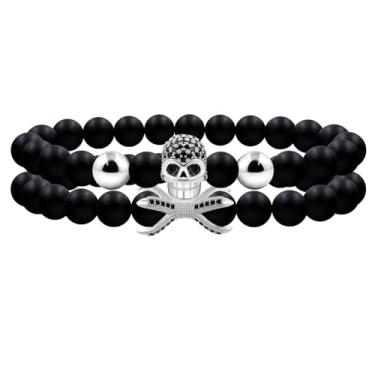 Imagem de Vivaday Pulseira masculina elástica de caveira 2 peças com 8 mm de obsidiana preta com contas de osso esqueleto de energia de cura para marido, namorado, presente de dia dos pais YA4723, Medium,