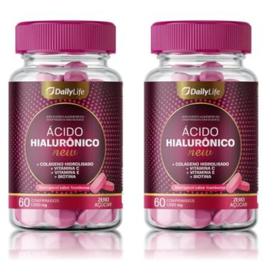 Imagem de Kit 2x Acido Hialuronico 100mg + Colageno Hidrolisado + Vitaminas C E Biotina Mastigavel Sabor Framboesa 60 Comprimidos Mastigaveis - Daily Life