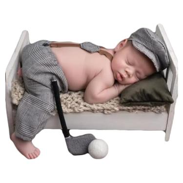 Imagem de Acessório mensal para foto de bebê recém-nascido, listrado, tecido xadrez, boné de jornaleiro e calça suspensória, macaquinho para roupas fotográficas