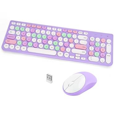 Imagem de Combo de teclado e mouse sem fio, teclado de máquina de escrever retrô com teclas redondas, USB de 2,4 GHz, lindo mouse sem fio para computador, desktop, laptop (roxo colorido)