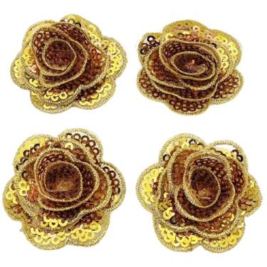 Imagem de Carytalee 5 peças rosa flor lantejoulas renda bordado aplique aplique acabamento vestido de casamento faça você mesmo costura artesanato roupas apliques, 4 cm, ouro