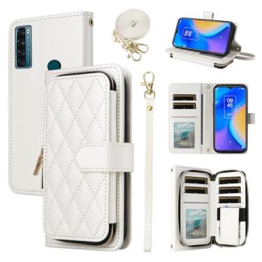 Imagem de Furiet Argyle Capa carteira para TCL 20 SE 6.82 com alça de pulso, 9+ compartimento para cartão com zíper bolsa luxuosa de couro PU para celular TCL20SE Android 11 TLC 20SE T6710 6,8 polegadas branca