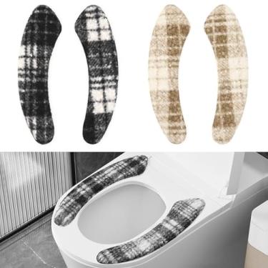 Imagem de 2 conjuntos de capa de assento de vaso sanitário, almofada de assento de vaso sanitário HADEEONG de pelúcia macia mais grossa aquecedor de assento de vaso sanitário com espuma de memória autoadesivo