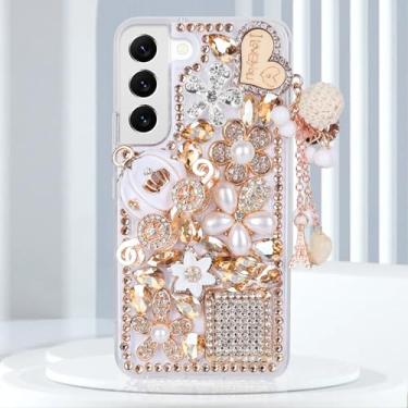 Imagem de Guppy Capa para Galaxy A56 Bling Case, 3D Bling Brilhante Strass Diamante Pérola Pingente Feito à Mão Torre de Ferro Abóbora Carro Flores Capa Protetora Macia Antiqueda para Galaxy A56 (Ouro)