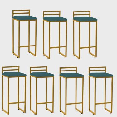 Imagem de Kit 07 Banqueta Alta Com Encosto Petra Balcão Bar Cozinha Bistrô Ferro Dourado Suede Azul Turquesa - Ahz Móveis