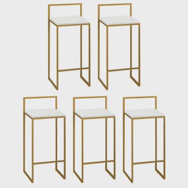 Imagem de Kit 05 Banquetas Alta Com Encosto Lino Industrial Balcão Bistrô Ferro Dourado mdf Madeira Branco - Ahz Móveis
