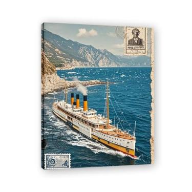 Imagem de Impressão em tela vintage de navio a vapor italiano vintage - Carimbo de papel envelhecido 60 x 78 cm