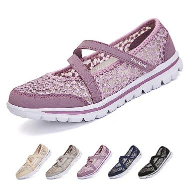 Imagem de Optigard Tênis feminino de malha de renda ajustável, respirável, plano, casual, antiderrapante, leve, confortável, sem cadarço, boca rasa, para mãe, enfermeira, trabalho, sapatos Mary Jane, Roxa, 38