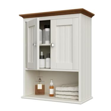 Imagem de Treocho Armário de parede de madeira, armário de remédios para banheiro com portas e prateleira ajustável, armário rústico montado na parede para banheiro, sala de estar, cozinha, branco e marrom
