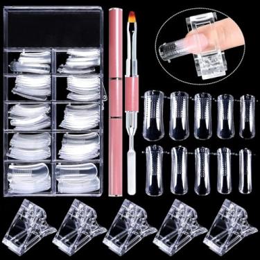 Imagem de EBANKU 100 peças de pontas transparentes para extensão de unhas, molde para unhas duplo, capa completa, ferramentas de gel UV, sistema de unhas de acrílico, conjunto de formulários com escova de gel de duas extremidades e pegador, 5 peças de clipe para pontas de unhas
