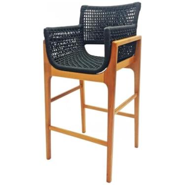 Imagem de Banqueta Alta Tokyo em Madeira com Corda Náutica, Assento e Encosto em Trama Preta, Acabamento em Mel