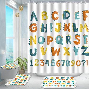 Imagem de Poedist Conjunto de 4 peças de cortina de chuveiro de banheiro, conjunto de banheiro infantil, conjuntos de cortina de chuveiro com tapetes (tapete de banho, forma de U e tapete de tampa de vaso sanitário) e 12 ganchos, desenho animado do alfabeto