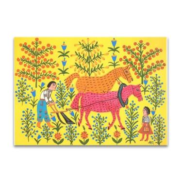 Imagem de RYLJCZ Impressão de arte famosa por Maria Primachenko. Reprodução de pintura famosa. Imagens em tela para decoração de sala de estar (arados o campo) 40 x 56 cm (15,8 x 22,0 pol) sem moldura