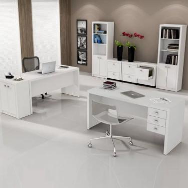Imagem de Conjunto Home Office 2 Escrivaninhas, 2 Estantes, 3 Gaveteiros E 1 Balcão Tecno Mobili Branco
