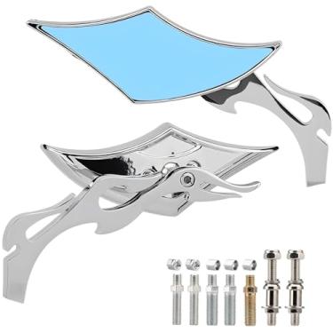 Imagem de DgNeLai Espelhos de motocicleta cromado diamante retrovisor lateral lente azul 8 mm 10 mm 360 graus substituição universal para Harley Softail Dyna Sportster Street Bike Scooter Chopper Cruiser