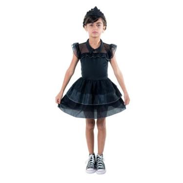 Imagem de Kit Fantasia Infantil Princesa Bruxinha com Tiara, Vestido Preto, Tamanho M (6-8 Anos), 117-128cm