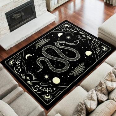 Imagem de Tapete boho de lua e cobra, tapetes antiderrapantes com design boêmio para quarto, sala de estar, estilo gótico, estrelas, tapete para decoração de casa, preto e branco (cobra e sinuoso, 160 cm x 119