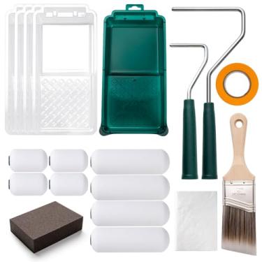 Imagem de YiBaiBrush Rolo de pintura de espuma, pacote com 19 kit de rolo de pintura pequeno, moldura de rolo de pintura de 10 cm de 2 polegadas com tampas de rolo de espuma, forro de bandeja de tinta, pincéis