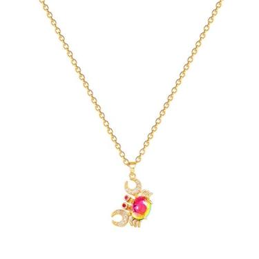Imagem de Colar feminino com pingente de caranguejo de ouro delicado banhado a ouro 14 K, ouro 14 K, rosa, olhos de cristal de zircônia cúbica fofa, corrente de elos com pingentes de animais marinhos e oceano