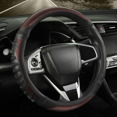 Imagem de WJMZ Capa de volante de 35,5 cm, ótima aderência com orifício de favo de mel 3D, design esportivo antiderrapante, pequena 34,3 a 35,5 cm (preto com bordô)