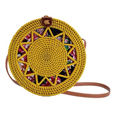 Imagem de SHAREYOIU Candy Colors Bolsas de ombro redondas de vime feitas à mão, estilo praia tropical natural chique com alça de couro, N° 3, estrela amarela, Big，7.87x 3.2 inch