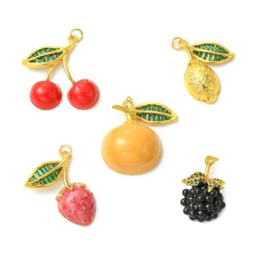 Imagem de UR URLIFEHALL 5 peças, 5 estilos, pingentes de frutas, strass, cereja, limão, morango, pingentes para fazer joias, pulseiras, colar a granel