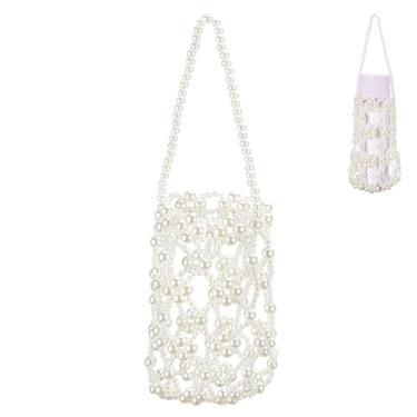 Imagem de DODAMOUR Bolsa para garrafa de água de malha pérola com bolsa interna, mini bolsa de acrílico para garrafas sem alça, bolsa pequena e elegante para viagens, chaves, telefone e batom (branca)