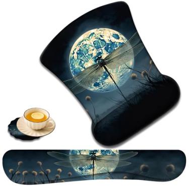 Imagem de Descanso de pulso para teclado e mouse pad suporte de pulso com conjunto de porta-copos em forma de renda, espuma viscoelástica de gel ergonômico e base antiderrapante, digitação fácil e alívio da dor