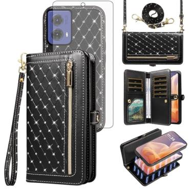 Imagem de Capa de celular para Motorola Moto G85 5G Carteira com zíper destacável com protetor de tela de vidro temperado, alça transversal com cordão com glitter, flip e compartimentos para cartão de crédito G