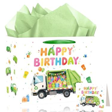 Imagem de Sacos de presente de aniversário de caminhão de lixo com papel de seda e cartão comemorativo para crianças, tema de caminhão de lixo, festa de feliz aniversário, decoração de chá de bebê, suprimentos