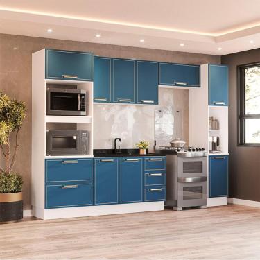 Imagem de Cozinha Compacta Sem Tampo com Rodapé e Paneleiro Amara 10 Portas 4 Gavetas Azul e Branca