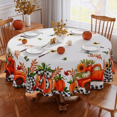 Imagem de Toalha de mesa redonda de outono, 152 x 152 cm, laranja, caminhão, abóboras, impermeável, borda recortada, capa de mesa, sazonal, outono, dia de Ação de Graças, decorações de festa