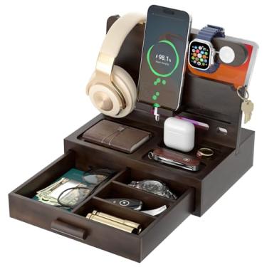 Imagem de Estação de ancoragem de telefone para homens – organizador de mesa ou mesa de cabeceira com gaveta – presentes de aniversário para marido, pai, namorado, ele – estação de carregamento de madeira para