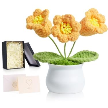 Imagem de ZHIYUXI Flor de orquídea de crochê artificial de lírio amarelo do vale, presentes para mulheres, flores eternas feitas à mão, flor de malha para painel de carro, decoração de escritório em casa
