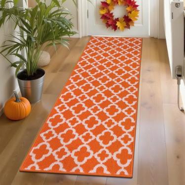 Imagem de U'Artlines Tapete de corredor para corredor 6 × 1,8 m antiderrapante tapete de chão de cozinha tapete corredor padrão geométrico laranja e branco lavável à máquina tapete de área para entrada de