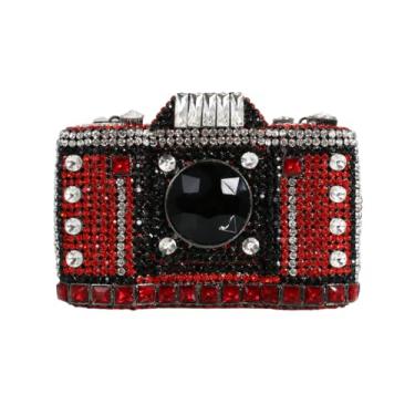 Imagem de UMREN Novidade Bolsa clutch em forma de câmera de cristal para mulheres com strass brilhante para noite bolsa clutch bolsa de formatura com glitter, Vermelho