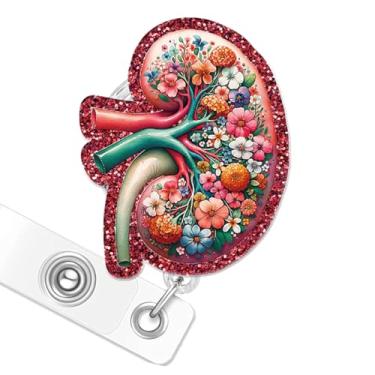 Imagem de Carretel de crachá de rim floral, carretéis de crachá de urologia retrátil com glitter com clipe jacaré para nefrologista urologista RN LPN CNA MA estudante de enfermagem urologia médico de nefrologia