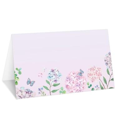 Imagem de Cartões de lugar de hortênsia roxa, conjunto de 25 cartões de nome de barraca floral para configuração de mesa, etiqueta de comida para casamento, chá de bebê, artigos de festa de jantar de
