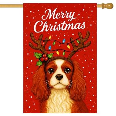 Imagem de BlissYard Merry Christmas Garden Flag Cavalier King Charles Spaniel Chifres de rena de cachorro Luzes de Natal 71 x 101 cm Banners dupla face para amantes de cães varanda casa ao ar livre férias
