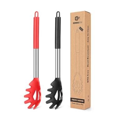 Imagem de Pacote com 2 garfos de silicone para macarrão, servidor de colher de macarrão resistente ao calor, coador de espaguete livre de BPA, melhores utensílios de cozinha (preto-vermelho)