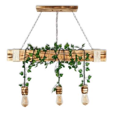 Imagem de Luminária Pendente De Madeira Rústica 3 Bocais Barril + Hera