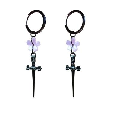 Imagem de DLYFNVEV Brincos góticos com pingente de gota de Halloween para mulheres, espada/adaga, aço inoxidável 316L, hipoalergênico, joia com pingente de flor vermelha, brincos punk de aniversário para