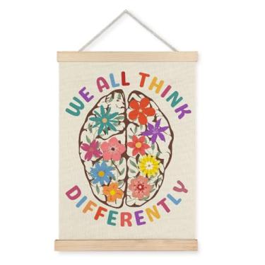 Imagem de BearCake Moldura para pôster de arte de parede de conscientização do autismo sobre saúde mental, todos pensamos de forma diferente, decoração de parede floral para sala de aula, terapeuta, conselheiro