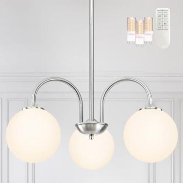 Imagem de Bagood Luminária pendente de globo de níquel 3 luzes moderno Sputnik lustre 49,8 cm de meados do século com sombra de globo de vidro de leite, candelabro regulável para quarto e cozinha (lâmpada G9 e
