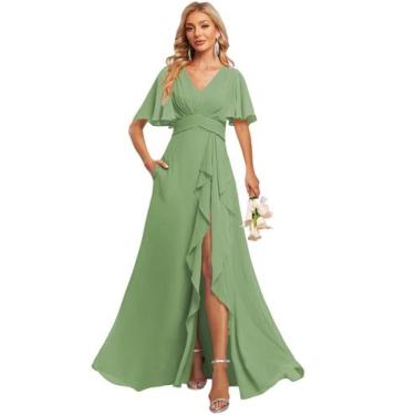Imagem de Vestido de dama de honra Deamify Long Chiffon Dusty Sage com decote em